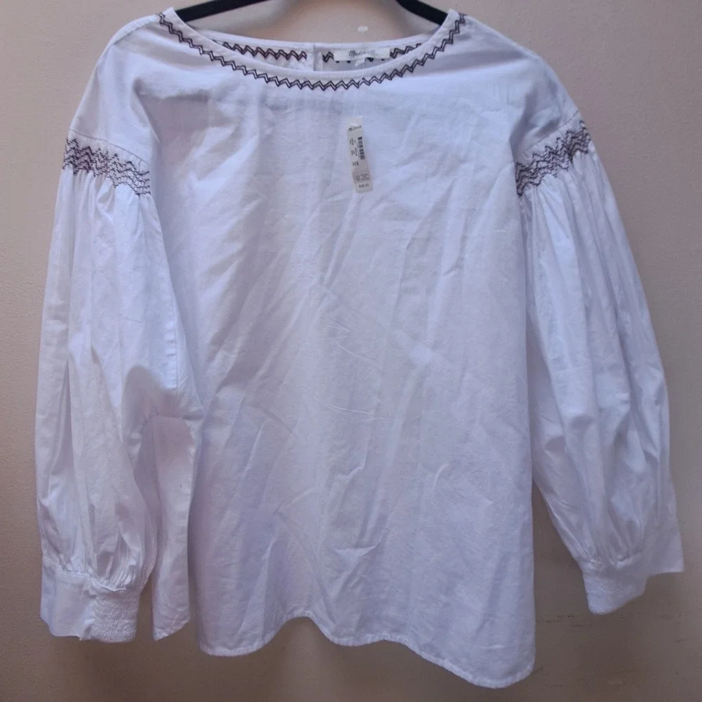 Madewell Smocked Puff Sleeve Embroidered Top White XL NU455 Boho Blouse NEW